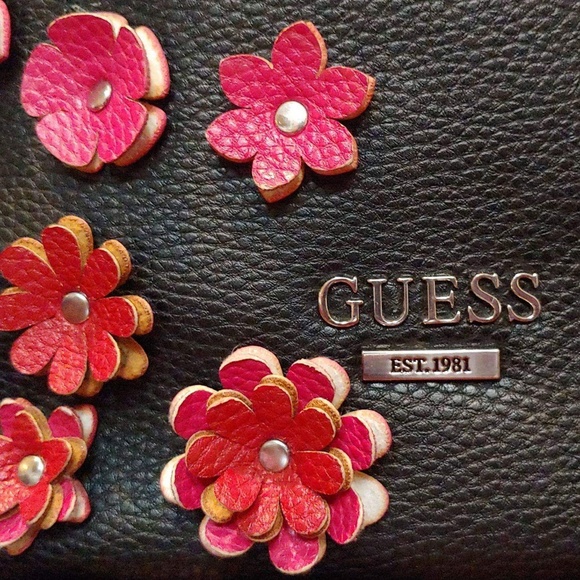 Black Guess Handbag with Pink Flower Embellishment - Picture 3 of 4